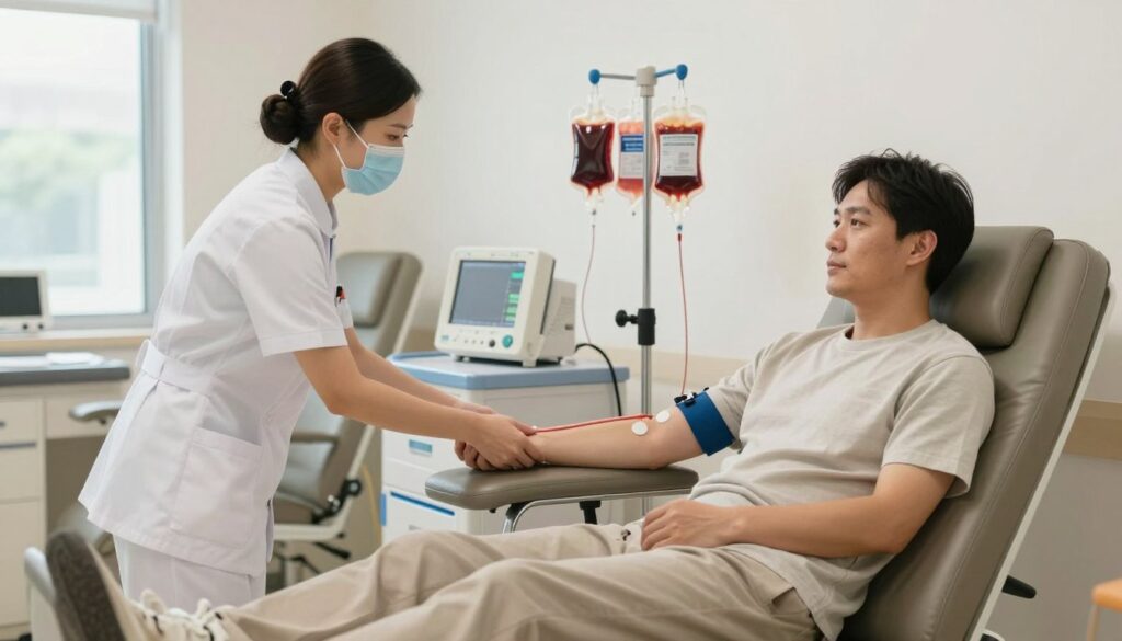 A compassionate blood donation scene taking place inside a modern blood donation center. In the foreground, a nurse wearing a professional uniform gently prepares a volunteer donor sitting comfortably in a reclining chair. The donor, dressed in modest casual clothing, appears calm and relaxed, ready to give blood. In the middle ground, medical equipment and supplies are neatly arranged, including blood bags and monitors, showcasing an organized and sterile environment. The background features soft lighting that creates a warm and inviting atmosphere, while large windows let in natural light, enhancing the feeling of openness. The overall mood embodies hope and community spirit, emphasizing the importance of blood donation.