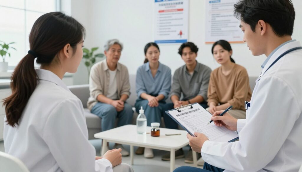 A composition illustrating blood donation contraindications, with a focus on temporary and permanent exclusions from blood donation. In the foreground, a professional healthcare worker in a crisp white lab coat examines a clipboard filled with medical guidelines, while interacting with a patient seated in a modern, well-lit medical office. In the middle ground, a diverse group of individuals, dressed in modest casual clothing, is seen discussing their health with another medical professional, highlighting a range of representational health concerns. The background features medical posters regarding blood donation guidelines and a calming, sterile environment. Soft, natural lighting creates a reassuring atmosphere, emphasizing professionalism and safety. The angle should capture both the interactions and the informative setting without any text or distractions.