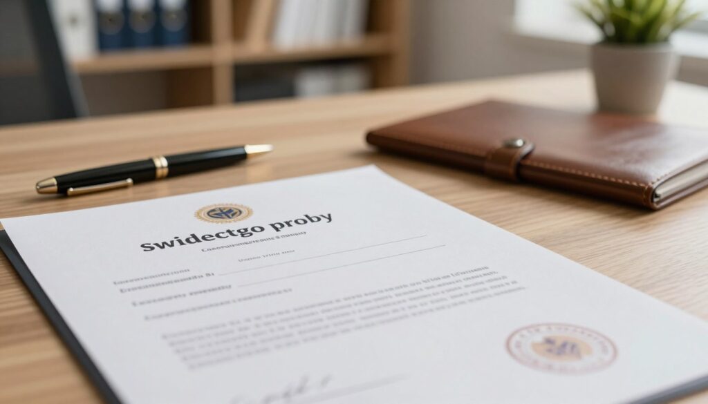 A detailed and professional employment certificate ('świadectwo pracy') displayed prominently in the foreground, showcasing its formal layout and official seals. The certificate features a blend of elegant fonts and a clean design, with essential details such as the employee's name and position partially visible but securely in focus. In the middle ground, a business desk adorned with a classic pen and a closed leather-bound folder adds to the professional setting. The background should feature soft-focus office elements like a bookshelf and a potted plant, creating a calm atmosphere. Warm, ambient lighting enhances the warmth and professionalism of the scene. The overall mood is one of diligence and formality, emphasizing the importance of employment documentation.