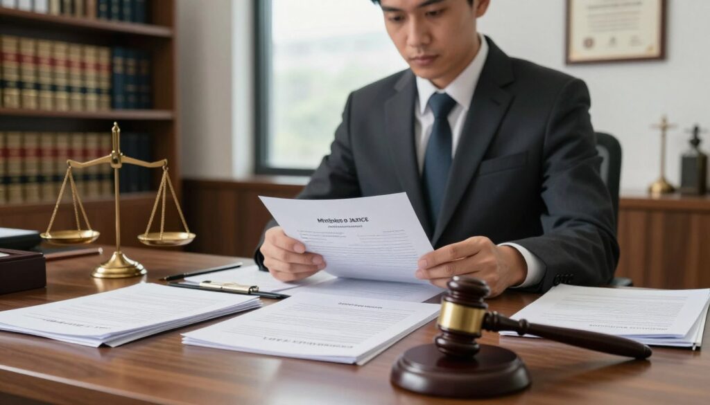 A formal setting depicting the concept of "justice" in a modern office environment. In the foreground, a polished wooden desk is cluttered with a variety of legal documents, including a prominent application form addressed to the Ministry of Justice. A tasteful gavel and scale of justice are subtly placed beside the papers. In the middle, a professional individual dressed in a crisp suit is seated, deeply focused on reviewing the documents, their expression conveying determination and seriousness. The background features bookshelves filled with legal texts and certificates hanging on the walls, symbolizing authority and knowledge. Soft, natural lighting filters through a large window, creating a calm and serious atmosphere, suited for a professional environment, with a slight depth of field effect to draw attention to the central figure and the application. A formal setting depicting the concept of "justice" in a modern office environment. In the foreground, a polished wooden desk is cluttered with a variety of legal documents, including a prominent application form addressed to the Ministry of Justice. A tasteful gavel and scale of justice are subtly placed beside the papers. In the middle, a professional individual dressed in a crisp suit is seated, deeply focused on reviewing the documents, their expression conveying determination and seriousness. The background features bookshelves filled with legal texts and certificates hanging on the walls, symbolizing authority and knowledge. Soft, natural lighting filters through a large window, creating a calm and serious atmosphere, suited for a professional environment, with a slight depth of field effect to draw attention to the central figure and the application.