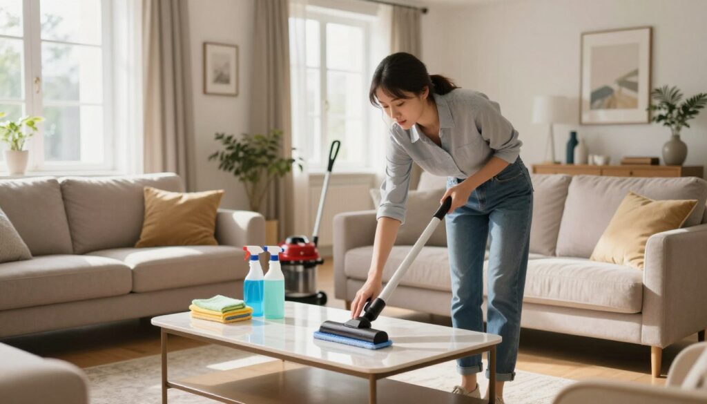 A professional cleaner diligently tidies a modern living room in a private home. The foreground features a woman dressed in smart casual attire, focusing on dusting a stylish coffee table surrounded by comfortable furniture. In the middle ground, there are cleaning supplies like a vacuum cleaner, mop, and cloths neatly arranged, emphasizing the professionalism of residential cleaning services. The background showcases a well-lit, cozy living space with sunlight streaming through large windows, illuminating the warm tones of the décor. The atmosphere is inviting and serene, reflecting the satisfaction of a clean home. The scene captures the essence of home cleaning, showcasing the effort and attention to detail involved in maintaining a tidy environment.