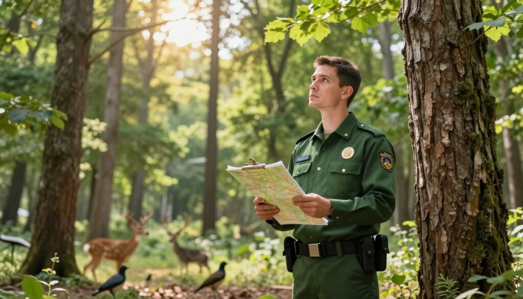 A professional forest ranger stands in a vibrant forest, wearing a smart green uniform with a badge and a utility belt. In the foreground, he is holding a clipboard and a map while looking intently at a tree, showcasing the attention to detail required in his role. The middle ground features lush trees and a variety of wildlife, including birds and deer, symbolizing the natural environment a ranger oversees. The background boasts a bright, sunny sky filtering through the leaves, giving a sense of warmth and purpose. The lighting is soft and inviting, enhancing the serenity of the forest. The atmosphere is calm and focused, reflecting the dedication needed to pursue a career in forestry.