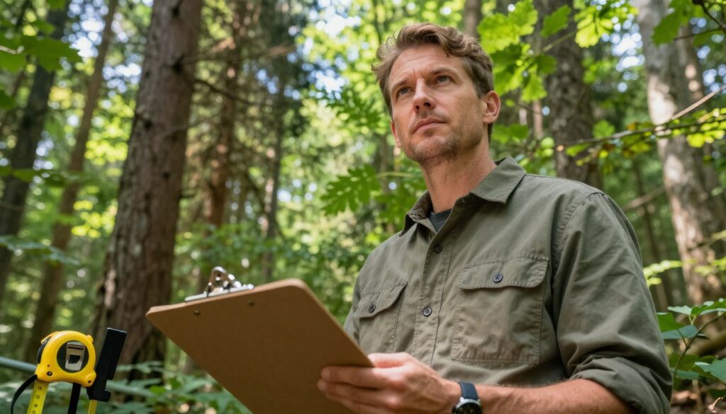 A professional forester in modest casual attire stands confidently in a lush forest setting, surrounded by tall trees and vibrant foliage, symbolizing the various factors influencing a forester's salary. In the foreground, a close-up of the forester’s focused expression reflects dedication and expertise, while in the middle ground, tools of the trade such as a clipboard, measuring tape, and forestry equipment hint at responsibility and professionalism. The background features a sun-dappled forest, with soft, natural lighting filtering through the leaves, creating an inviting and serene atmosphere. The composition is shot from a slightly low angle, emphasizing the stature of the forester and the grandeur of the trees, symbolizing their connection to nature and their important role in managing forestry resources.