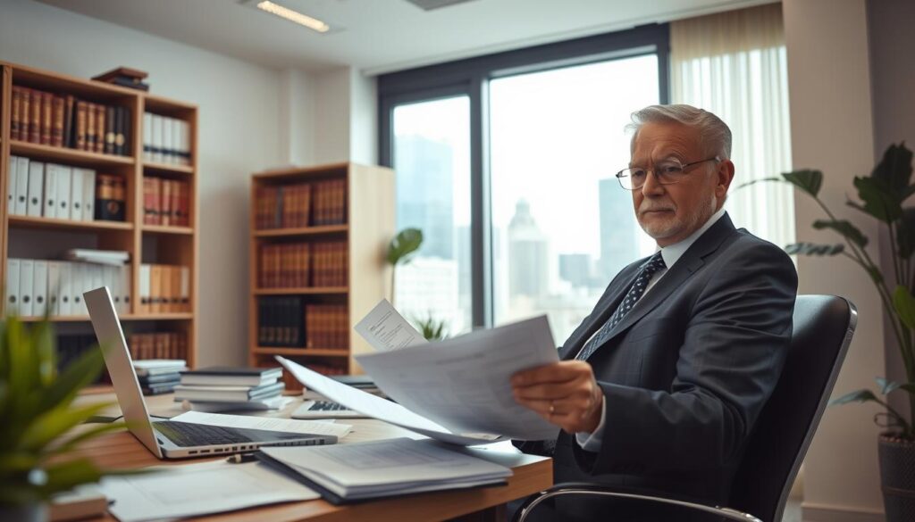 A professional office setting, with a focus on a mature individual in a business suit, seated at a desk filled with paperwork and a laptop, analyzing documents related to pension benefits. In the background, a large window revealing a cityscape, with soft, natural light illuminating the scene, creating a warm and inviting atmosphere. The middle ground features a bookshelf filled with books on labor rights and pension laws. A subtle hint of green plants adorns the corners, adding freshness. The scene implies a serious, yet hopeful mood, emphasizing the importance of the topic of compensation for harmful work conditions. The angle is slightly overhead to capture the individual’s focused expression, enhancing the sense of professionalism and diligence. A professional office setting, with a focus on a mature individual in a business suit, seated at a desk filled with paperwork and a laptop, analyzing documents related to pension benefits. In the background, a large window revealing a cityscape, with soft, natural light illuminating the scene, creating a warm and inviting atmosphere. The middle ground features a bookshelf filled with books on labor rights and pension laws. A subtle hint of green plants adorns the corners, adding freshness. The scene implies a serious, yet hopeful mood, emphasizing the importance of the topic of compensation for harmful work conditions. The angle is slightly overhead to capture the individual’s focused expression, enhancing the sense of professionalism and diligence.