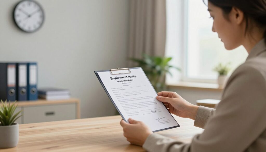 A professional office setting with a well-organized desk, featuring an open employment certificate (świadectwo pracy) prominently displayed. In the foreground, a focused employer, dressed in business attire, carefully reviews the certificate, showcasing diligence in their responsibilities. To the side, a clock on the wall indicating time urgency, and a filing cabinet representing proper documentation practices. In the background, soft, natural light streams through a window, creating an inviting atmosphere. The room is decorated neutrally, with indoor plants adding a touch of warmth. The overall mood is one of professionalism and careful attention to duty, capturing the essence of an employer fulfilling their obligations when issuing a work certificate.