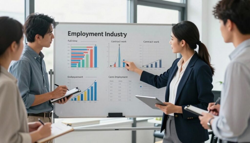 A professional setting depicting a diverse group of individuals discussing employment types and earning potentials. In the foreground, a woman in smart business attire points to a chart on a digital tablet, displaying different employment models such as full-time, contract work, and self-employment. Beside her, a man in casual yet professional clothing takes notes. The middle-ground features a large whiteboard filled with graphs and figures illustrating salary comparisons for various job types, with visual representations of cleaning tools subtly integrated into the design. The background shows a bright, modern office environment with large windows, allowing natural light to flood in, creating an inviting atmosphere. The mood is focused and collaborative, suggesting an informative discussion about wages in the cleaning industry.