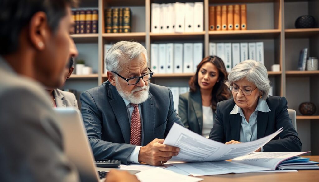 A professional setting showcasing a diverse group of individuals, including an older man and woman in business attire, engaged in a formal consultation process regarding retirement compensation. In the foreground, highlight the man's focused expression as he studies detailed documents about the application procedure, emphasizing seriousness and diligence. The middle layer includes a desk filled with papers, a laptop, and a calculator, symbolizing the complexity of the application process. In the background, soft-focus shelves lined with regulatory books and guides on retirement benefits create a supportive atmosphere. The lighting should be warm, illuminating the faces of the individuals while casting gentle shadows, evoking a sense of hope and determination in the pursuit of rightful compensation. A professional setting showcasing a diverse group of individuals, including an older man and woman in business attire, engaged in a formal consultation process regarding retirement compensation. In the foreground, highlight the man's focused expression as he studies detailed documents about the application procedure, emphasizing seriousness and diligence. The middle layer includes a desk filled with papers, a laptop, and a calculator, symbolizing the complexity of the application process. In the background, soft-focus shelves lined with regulatory books and guides on retirement benefits create a supportive atmosphere. The lighting should be warm, illuminating the faces of the individuals while casting gentle shadows, evoking a sense of hope and determination in the pursuit of rightful compensation.