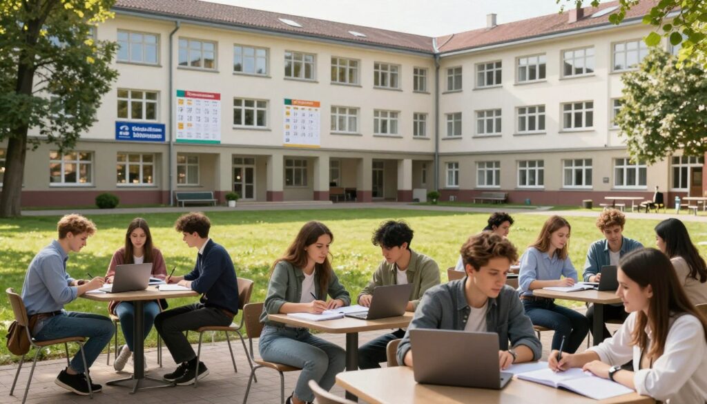 A vibrant and organized university campus scene depicting the academic year structure in Polish higher education. In the foreground, a diverse group of students in professional and modest casual attire sits at outdoor tables, engaging in discussions and studying with laptops and notebooks. In the middle ground, a row of multi-story academic buildings showcases bannered schedules and calendars reflecting the academic calendar. The background features a spacious green lawn with trees, suggesting a peaceful break atmosphere, under soft, warm sunlight. The image captures a lively yet serene mood, emphasizing collaboration and learning throughout the academic year. The composition should be framed at a slightly elevated angle, showcasing both the students and the campus architecture harmoniously.