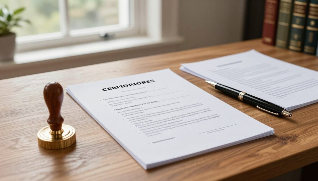 A well-organized list of certified sworn translators displayed prominently on a wooden desk. The foreground features a beautiful, ornate seal, symbolizing official documentation, along with a pen poised for signing. The middle ground showcases a neatly printed document with headings and bullet points outlining the qualifications and details of sworn translators, elegantly arranged with a few scattered papers. In the background, an open window allows soft, natural daylight to illuminate the scene, creating a warm and professional atmosphere. The room is tastefully decorated with plants and legal books, enhancing the scholarly vibe. The angle is slightly elevated, capturing the entire scene clearly while inviting a sense of trust and professionalism, ideal for the theme of authority and expertise. A well-organized list of certified sworn translators displayed prominently on a wooden desk. The foreground features a beautiful, ornate seal, symbolizing official documentation, along with a pen poised for signing. The middle ground showcases a neatly printed document with headings and bullet points outlining the qualifications and details of sworn translators, elegantly arranged with a few scattered papers. In the background, an open window allows soft, natural daylight to illuminate the scene, creating a warm and professional atmosphere. The room is tastefully decorated with plants and legal books, enhancing the scholarly vibe. The angle is slightly elevated, capturing the entire scene clearly while inviting a sense of trust and professionalism, ideal for the theme of authority and expertise.