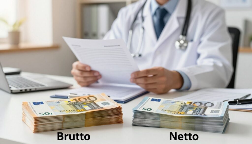 A balanced composition illustrating the concept of "brutto" and "netto" in a financial context. In the foreground, depict two clear stacks of currency, one labeled "Brutto" with a gold tint, and the other "Netto" in silver, symbolizing the difference between gross and net income. In the middle ground, include a confident doctor in professional attire, thoughtfully examining a financial document, representing physicians in Germany. The background features a softly lit office setting with a desk cluttered with medical items and financial reports, suggesting the merging of healthcare and finance. Use warm, natural lighting to create an inviting atmosphere, with a focused depth of field to highlight the subject. Aim for clarity and professionalism in the overall mood, capturing the essence of salary discussion. A balanced composition illustrating the concept of "brutto" and "netto" in a financial context. In the foreground, depict two clear stacks of currency, one labeled "Brutto" with a gold tint, and the other "Netto" in silver, symbolizing the difference between gross and net income. In the middle ground, include a confident doctor in professional attire, thoughtfully examining a financial document, representing physicians in Germany. The background features a softly lit office setting with a desk cluttered with medical items and financial reports, suggesting the merging of healthcare and finance. Use warm, natural lighting to create an inviting atmosphere, with a focused depth of field to highlight the subject. Aim for clarity and professionalism in the overall mood, capturing the essence of salary discussion.