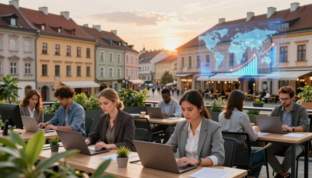 A bustling cityscape showcasing two contrasting work environments. In the foreground, a group of diverse, professional software developers, men and women of various ethnicities, collaborate over laptops at a modern co-working space filled with greenery and technology. Focus on their engaged expressions, dressed in smart casual office attire. In the middle ground, juxtapose this with a traditional Polish street, featuring charming architecture and contemporary cafes, representing local job opportunities. In the background, hint at a digital world with floating graphs symbolizing global technology trends and salary growth, with a warm sunset casting a golden glow over the scene, evoking an atmosphere of opportunity and ambition.