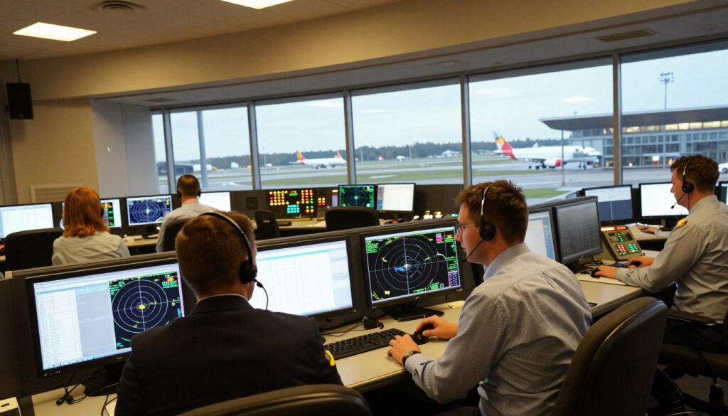 A busy air traffic control room in Poland, featuring a male and female air traffic controller focused on their work. They are dressed in professional business attire, surrounded by multiple computer screens displaying radar data and flight plans. In the foreground, the controllers are engaged in discussions, using headsets for communication. The middle ground reveals a detailed console with blinking lights and control panels, while the background showcases a large window overlooking an airport runway with planes taking off and landing. The room is well-lit with warm overhead lighting, creating a focused and intense atmosphere, capturing the responsibility and professionalism required for the role. The angle is slightly tilted to emphasize the dynamic environment of the control room.