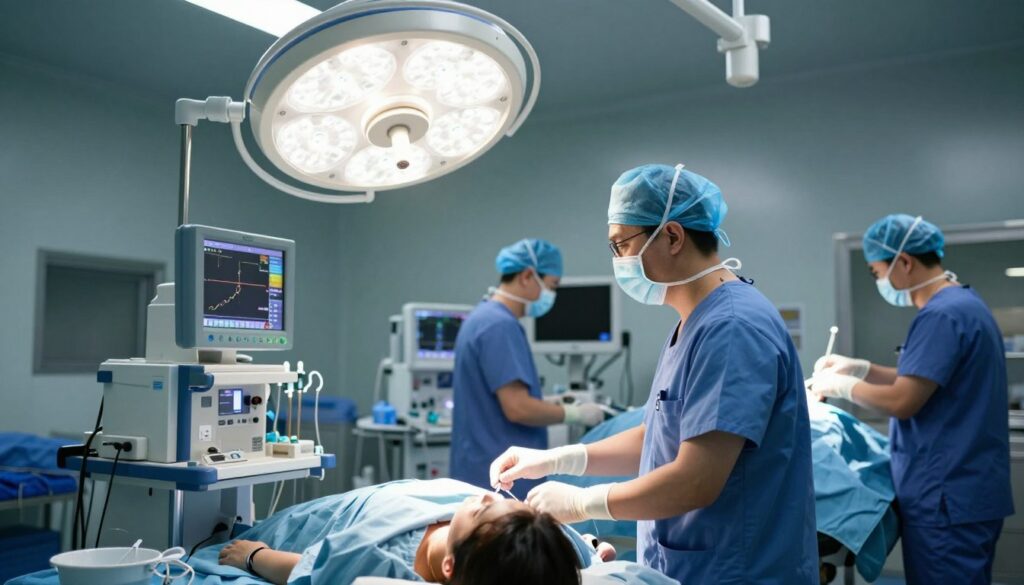 A busy hospital scene focusing on an anesthesiologist during a night shift. In the foreground, an anesthesiologist wearing professional scrubs and a surgical mask is standing beside an anesthesia machine, intently monitoring a patient resting on an operating table. The middle ground features a sterile surgical room with bright overhead lights illuminating the equipment, creating an atmosphere of urgency and dedication. The background shows medical staff preparing for surgery, emphasizing teamwork and collaboration. The lighting is bright and clinical, reflecting the seriousness of the situation. The mood is focused and meticulous, highlighting the critical role of anesthesiologists in patient care during their on-call duties.
