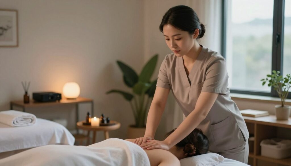 A calm and professional massage therapy setting. In the foreground, a skilled therapist, a woman in modest, professional attire, is attentively giving a massage to a client lying on a massage table. The therapist's expression reflects focus and care. In the middle ground, the room is decorated with soothing elements: soft ambient lighting, relaxing music on a shelf, and fragrant essential oils on a nearby table. Plants are placed in the corners, enhancing tranquility. In the background, a large window allows natural light to filter in, casting soft shadows. The atmosphere is serene and inviting, ideal for relaxation and healing, embodying the professionalism and responsibilities of a massage therapist. A calm and professional massage therapy setting. In the foreground, a skilled therapist, a woman in modest, professional attire, is attentively giving a massage to a client lying on a massage table. The therapist's expression reflects focus and care. In the middle ground, the room is decorated with soothing elements: soft ambient lighting, relaxing music on a shelf, and fragrant essential oils on a nearby table. Plants are placed in the corners, enhancing tranquility. In the background, a large window allows natural light to filter in, casting soft shadows. The atmosphere is serene and inviting, ideal for relaxation and healing, embodying the professionalism and responsibilities of a massage therapist.