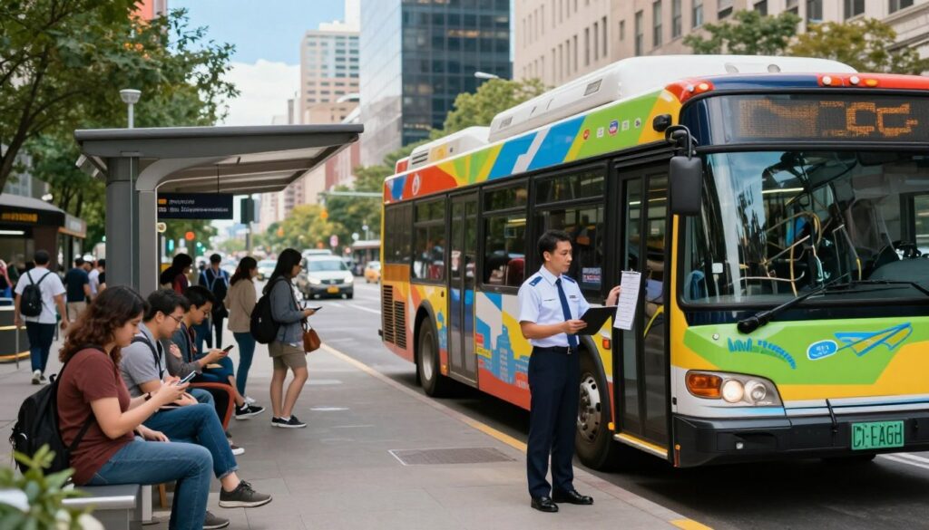 A city bus parked at a busy urban bus stop during the day, showcasing its vibrant city-themed design with bright colors. In the foreground, a professional bus driver wearing a smart uniform stands next to the bus, holding a clipboard and looking attentively at the timetable. The middle ground features diverse commuters waiting at the bus stop, engaged in conversations and looking at their phones, capturing the daily hustle and bustle of city life. The background shows a bustling cityscape with modern skyscrapers and trees lining the street under a clear blue sky. Soft, natural lighting enhances the scene, creating a warm and inviting atmosphere, while a slightly wide-angle perspective captures the scope of urban life in a large city.