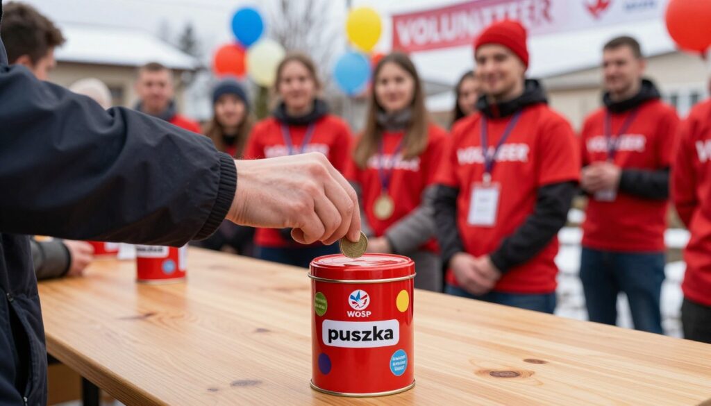 A close-up of a collection tin, known as a "puszka," placed on a wooden table during the final volunteer event. The tin is bright red with the logo of WOŚP clearly visible, adorned with colorful stickers highlighting previous fundraising successes. In the foreground, a soft-focus hand reaches out to drop a coin into the tin, symbolizing generosity and community spirit. In the middle ground, a group of volunteers, dressed in matching red t-shirts and identification badges, engage with the public, their expressions friendly and welcoming. The background features a festive outdoor scene with banners and balloons in a winter setting, creating a warm and vibrant atmosphere. Soft natural lighting enhances the scene, capturing the essence of hope and solidarity during this charitable event.