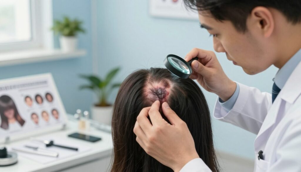A close-up view of a professional trichologist examining a client's scalp and hair in a modern clinic setting. In the foreground, the trichologist, dressed in a white lab coat, holds a magnifying glass and looks intently at the scalp, showcasing various skin and hair issues such as dandruff, hair thinning, and scalp inflammation. The middle ground features a clinical workspace, with tools and charts displaying hair health information. The background reveals a calming, well-lit room with soft blue tones and potted plants for a soothing atmosphere. Natural light streams through a window, creating gentle highlights on the subjects. Aim for a professional, informative mood that conveys expertise and care in hair and scalp diagnosis.