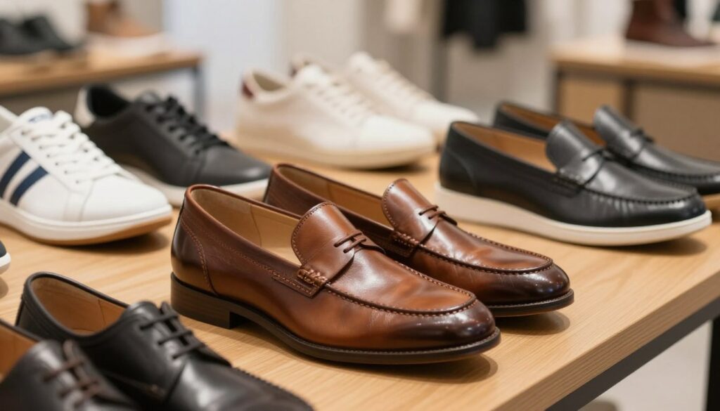A close-up view of high-quality shoes displayed on a wooden table, showcasing their craftsmanship and materials. The foreground features a pair of elegant, stylish casual shoes with fine stitching and premium leather, reflecting soft natural light. In the middle ground, a few additional pairs are artfully arranged to highlight diversity in styles, including sneakers and loafers, providing a sense of variety. The background is softly blurred, with hints of a minimalistic retail space or showroom, emphasizing the shoes as the focal point. The mood is inviting and professional, capturing the essence of quality footwear. The lighting is warm and soft, enhancing the texture and details of each shoe, making them appear both stylish and reliable.