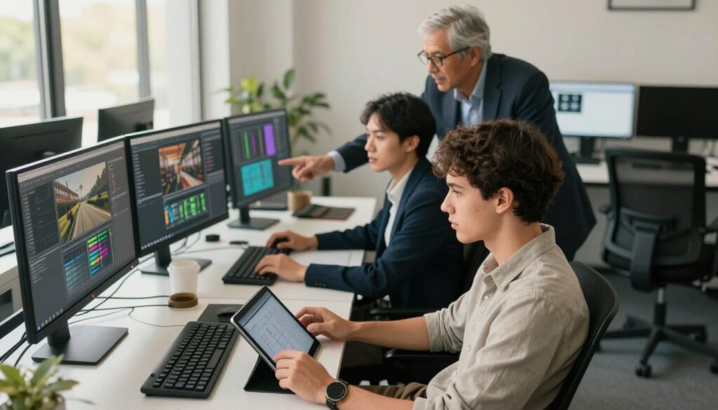 A contemporary office setting with three computer graphic designers representing different career stages: a junior, a regular, and a senior. In the foreground, the junior is focused on a digital tablet, with a look of determination, dressed in modest casual attire. The middle layer features the regular designer, sitting at a sleek desk with multiple monitors displaying creative work, dressed in professional business attire that conveys confidence. In the background, the senior graphic designer is engaged in mentoring, pointing at a monitor, projecting authority and experience, also in business attire. Soft, natural lighting filters through large windows, creating a warm atmosphere. The angle is slightly elevated, offering a comprehensive perspective on teamwork and progression in the graphic design field. A contemporary office setting with three computer graphic designers representing different career stages: a junior, a regular, and a senior. In the foreground, the junior is focused on a digital tablet, with a look of determination, dressed in modest casual attire. The middle layer features the regular designer, sitting at a sleek desk with multiple monitors displaying creative work, dressed in professional business attire that conveys confidence. In the background, the senior graphic designer is engaged in mentoring, pointing at a monitor, projecting authority and experience, also in business attire. Soft, natural lighting filters through large windows, creating a warm atmosphere. The angle is slightly elevated, offering a comprehensive perspective on teamwork and progression in the graphic design field.