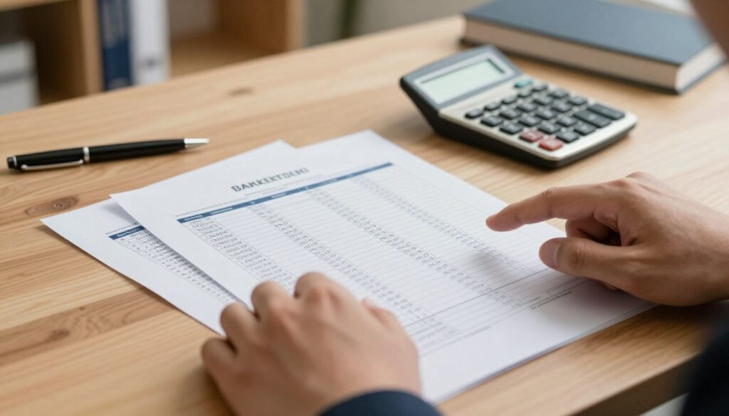 A detailed bank statement laid flat on a wooden desk, prominently displaying various financial figures and account details, with a vintage calculator and a pen resting beside it. In the background, a blurred office environment is visible, featuring bookshelves with finance-related books and a warm, inviting lighting that suggests an analytical mood. A pair of hands in a professional attire is seen in the foreground, pointing to a specific entry on the statement, emphasizing the importance of reviewing financial details. The overall atmosphere conveys a sense of urgency and diligence, highlighting the significance of understanding VAT registration status. The composition should focus on clarity and professionalism, with soft shadows and a shallow depth of field to draw attention to the statement.