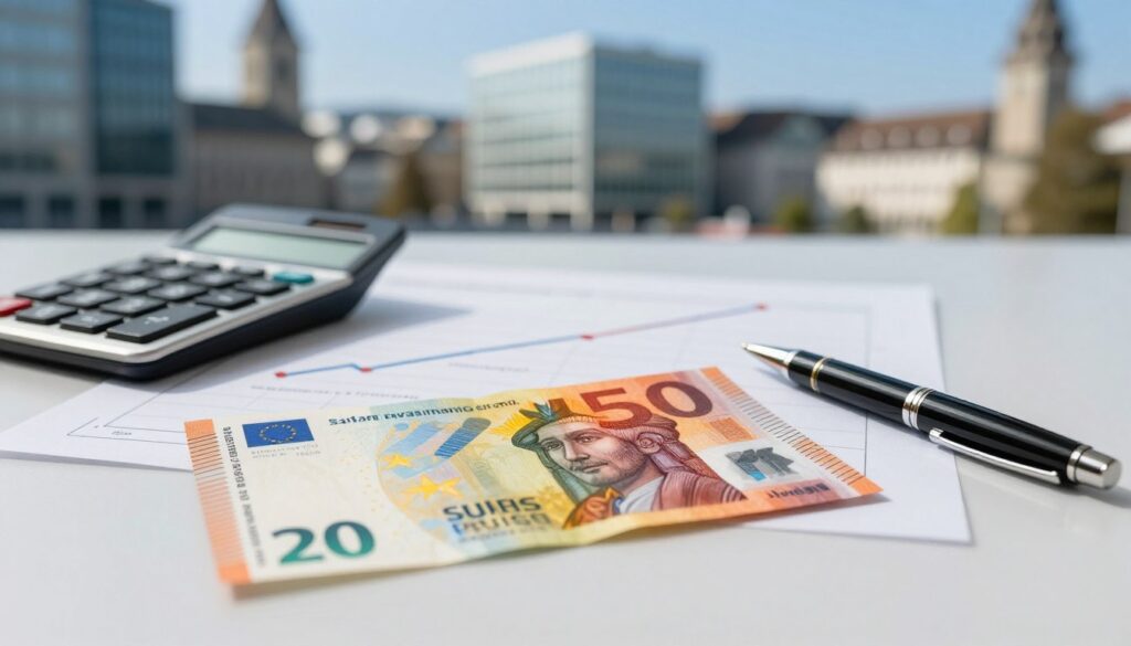 A detailed composition highlighting the concept of "salary rates in Swiss francs." In the foreground, a close-up view of a Swiss franc banknote, elegantly displayed on a clean, modern desk alongside a sleek calculator and a stylish pen, symbolizing financial calculations. In the middle ground, subtly blurred, are charts and graphs illustrating rising salary trends, suggesting growth in medical professions, bathed in soft natural light. The background features a blurred cityscape of Zurich, indicating the economic hub of Switzerland, with modern architecture shining under a clear blue sky. The overall atmosphere is professional and analytical, evoking a mood of financial clarity and ambition, perfect for exploring high salaries in Swiss healthcare professions.