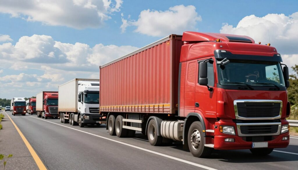 A detailed, modern truck on a busy highway, showcasing various types and styles of freight trucks, including a semi-trailer truck loaded with construction materials and a box truck transporting logistics. The foreground features the brick-red body of a heavy-duty truck turning sharply, with focus on its robust wheels and reflective surface. In the middle ground, a convoy of trucks heads down the highway, displaying different cargo loads such as pallets, containers, and industrial equipment. The background features a clear blue sky with fluffy white clouds, hinting at a sunny day. The image is lit with natural sunlight creating sharp shadows and highlights, and it is captured from a low angle to emphasize the trucks' size. The atmosphere feels vibrant and industrious, illustrating the importance of truck types in determining freight rates.
