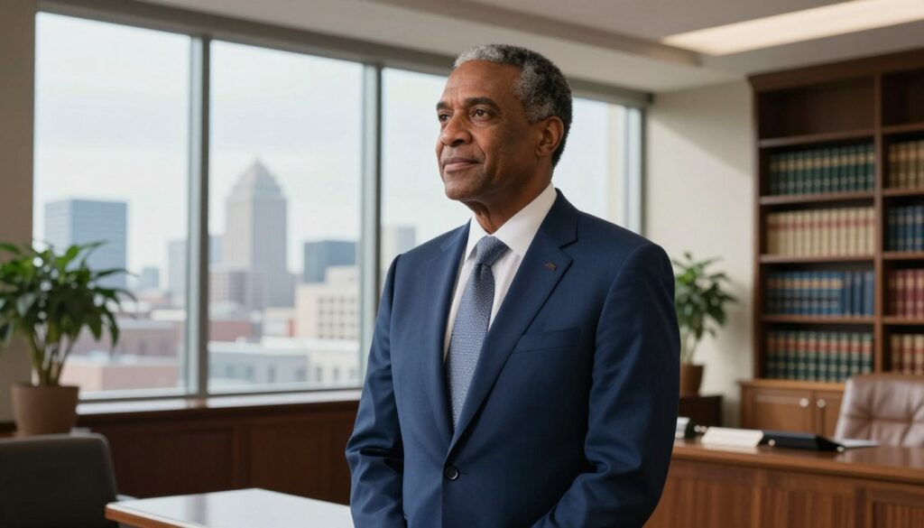 A distinguished senator standing confidently in a grand, modern government office. The foreground features the senator, a middle-aged person of diverse ethnicity, wearing a tailored navy blue suit with a crisp white shirt and a subtly patterned tie. Their expression is thoughtful yet approachable, embodying leadership and intelligence. In the middle background, large windows reveal a panoramic view of a cityscape, with soft natural sunlight streaming in, creating a warm and inviting atmosphere. The décor includes bookshelves filled with legal volumes and potted plants, adding a touch of elegance. The scene captures a sense of professionalism and dedication, highlighting the importance of political service. The angle is slightly low to convey stature and authority, focusing on the senator while hinting at the significance of their role in government.
