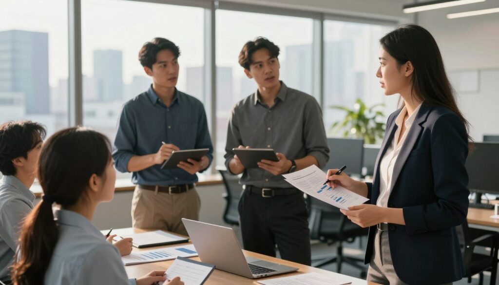 A diverse group of young professionals engaged in a vibrant office environment, discussing various forms of employment collaboration, such as internships and contracts. In the foreground, a confident woman in formal business attire is presenting charts and documents to a small audience of attentive colleagues. In the middle ground, two men are exchanging ideas, one holding a tablet, while the other takes notes. The background features a modern office setting with large windows showcasing a city skyline, bathed in warm afternoon light. The mood is focused and professional, with a sense of ambition and teamwork. Shot from an eye-level angle with a slightly blurred depth of field to emphasize the interaction.