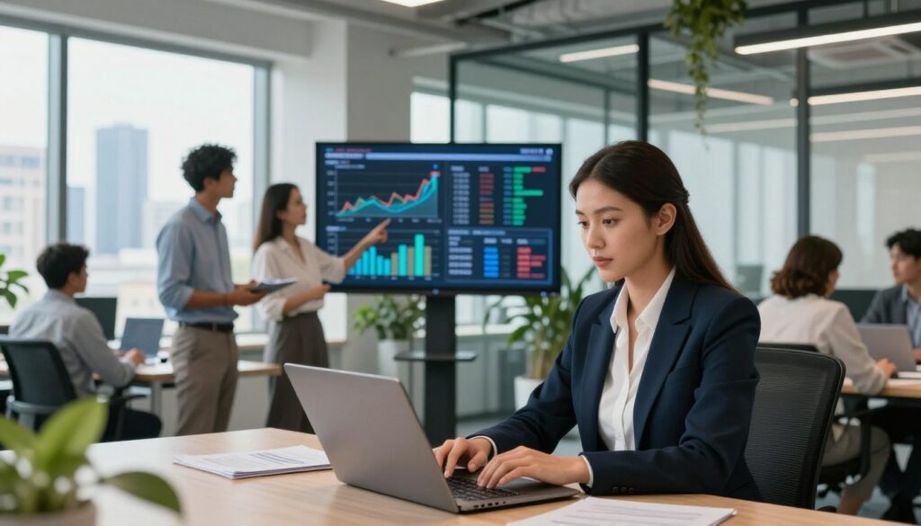 A dynamic scene illustrating the job market ("rynku pracy"), focusing on a diverse group of professionals in a modern office setting. In the foreground, a confident young woman in smart business attire is analyzing data on her laptop, while a couple of colleagues, including a man and another woman, discuss market trends, pointing at a large digital screen displaying graphs and statistics. The middle layer features their contemporary office environment, with glass walls and greenery, enhancing the atmosphere of innovation. In the background, a skyline view of a vibrant city suggests growth and opportunity. The lighting is bright and natural, streaming through large windows, creating an energetic yet professional mood. Capture this scene with a slight depth of field to emphasize the foreground.