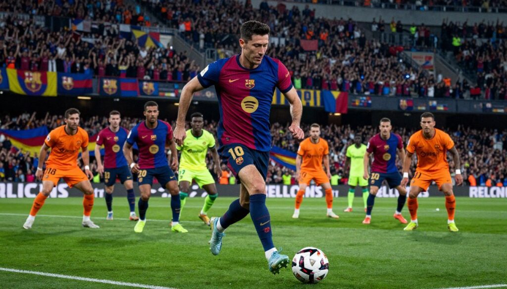 A dynamic sports scene featuring Robert Lewandowski in the foreground, wearing a sleek FC Barcelona kit during the 2024/2025 season. He is captured in an action-packed moment, dribbling the football with determination and skill, showcasing his athleticism. The middle ground includes teammates in vibrant uniforms, working collaboratively to support him, while defenders are organized in a tactical stance. The background showcases a roaring stadium filled with fans cheering, colorful banners waving, and dynamic lighting illuminating the scene, creating an electrifying atmosphere. The image should evoke feelings of excitement and competitive spirit, emphasizing Lewandowski's prominent role in the team's success. Use a wide-angle lens effect for a dramatic perspective, highlighting the intensity of the moment while maintaining a professional and vibrant composition.