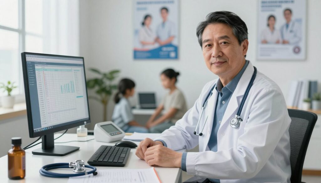 A family doctor in a modern medical office, presenting a confident and professional demeanor. In the foreground, the doctor, a middle-aged male, wearing smart casual attire, is seated at a desk with a computer open showing charts and statistics. His expression is focused and knowledgeable. In the middle ground, various medical paraphernalia like a stethoscope, blood pressure monitor, and patient charts are visible, emphasizing the healthcare environment. The background features a well-organized consultation room with medical posters on the walls and soft natural light filtering through a window, creating a welcoming atmosphere. The scene should evoke a sense of professionalism and the financial aspects of a family doctor's earnings for the year 2024/2025. A family doctor in a modern medical office, presenting a confident and professional demeanor. In the foreground, the doctor, a middle-aged male, wearing smart casual attire, is seated at a desk with a computer open showing charts and statistics. His expression is focused and knowledgeable. In the middle ground, various medical paraphernalia like a stethoscope, blood pressure monitor, and patient charts are visible, emphasizing the healthcare environment. The background features a well-organized consultation room with medical posters on the walls and soft natural light filtering through a window, creating a welcoming atmosphere. The scene should evoke a sense of professionalism and the financial aspects of a family doctor's earnings for the year 2024/2025.