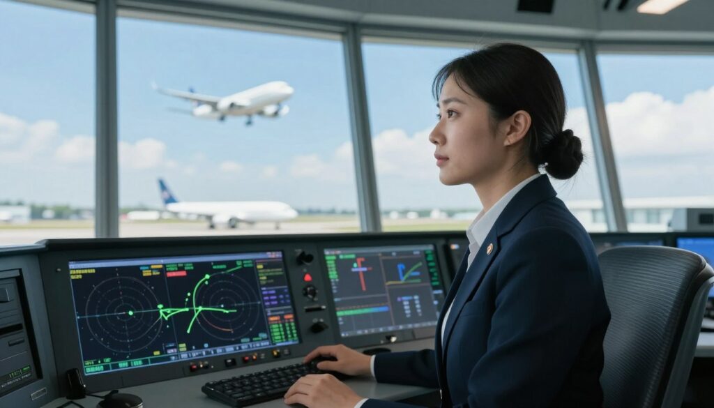 A focused air traffic controller in a modern control tower, wearing professional business attire. The foreground features a high-tech radar display showing flight paths, and the controller's intent expression reflects sharp observation skills. In the middle ground, a large window reveals aircraft landing and departing on a bright day, enhancing the clarity of the scene. The background showcases a clear blue sky and distant clouds, symbolizing a calm yet alert atmosphere. Soft, natural lighting illuminates the environment, creating a sense of precision and concentration. The image captures the essence of vigilance and situational awareness, essential traits for success in air traffic control.