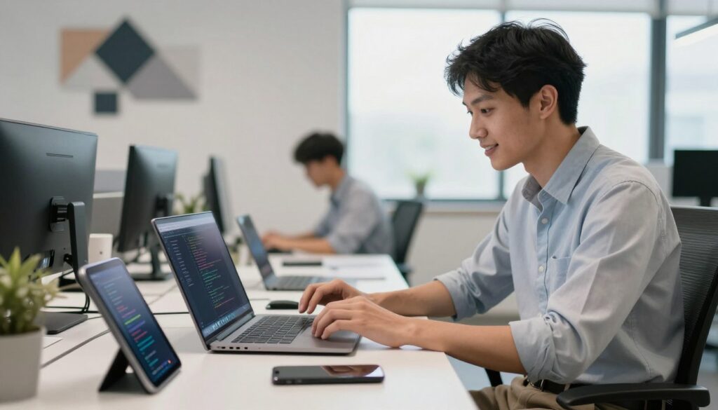 A focused software tester working at a modern office desk, showcasing a diverse range of electronic devices like a laptop, tablet, and smartphone. The tester, a young professional in smart casual attire—a button-up shirt and well-fitted trousers—has an approachable and concentrated expression while reviewing code on the laptop screen. The background features a softly blurred tech-savvy environment with geometric wall art and bright, natural lighting pouring through large windows, creating an energizing atmosphere. The composition captures a mix of productivity and professionalism, with the tester's workspace neatly organized, emphasizing collaboration and the high-tech nature of the IT field. The image is framed with a slight angle to give depth, focusing on the tester's engagement with their work.