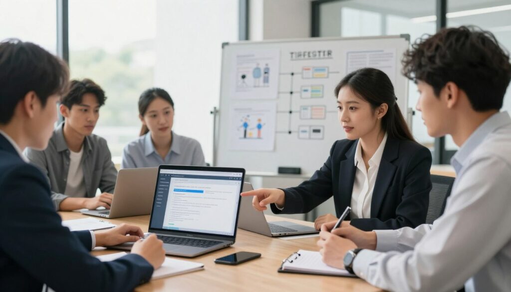 A focused workspace where a diverse group of individuals, dressed in professional attire, is engaged in a collaborative discussion about becoming software testers. In the foreground, a confident woman points at a laptop displaying a software testing interface, while a man takes notes on a notepad. The middle ground features a whiteboard filled with diagrams and a step-by-step action plan. In the background, large windows let in natural light, creating a bright and motivating atmosphere. The scene conveys a sense of guidance and teamwork, emphasizing the concept of teamwork and learning in the journey of becoming a software tester. The overall mood is professional yet approachable, inviting viewers to visualize the path to their first job in IT.