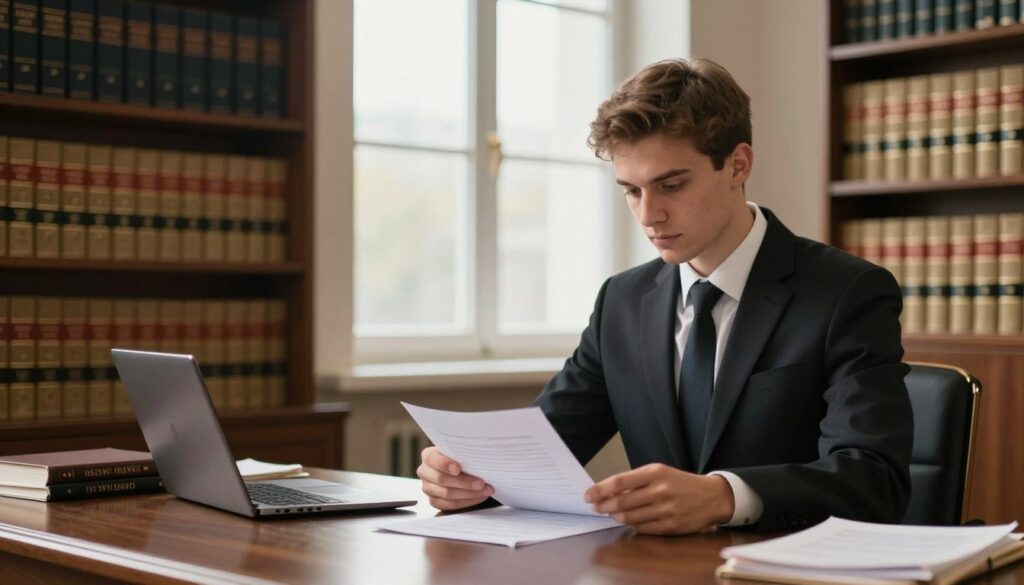 A formal legal setting depicting the concept of "osoby prawo" (people of law). In the foreground, a young lawyer in professional business attire, confidently reviewing legal documents on a polished desk. The middle ground features a row of bookshelves filled with law textbooks and important legal texts, suggesting an atmosphere of knowledge and study. In the background, a large window allows soft, warm natural light to illuminate the room, creating a welcoming and inspiring atmosphere. The mood is serious yet approachable, emphasizing the dedication and professionalism required to become a lawyer in Poland. The scene captures a blend of ambition and respect for the legal profession, showcasing the environment in which aspiring lawyers can thrive.