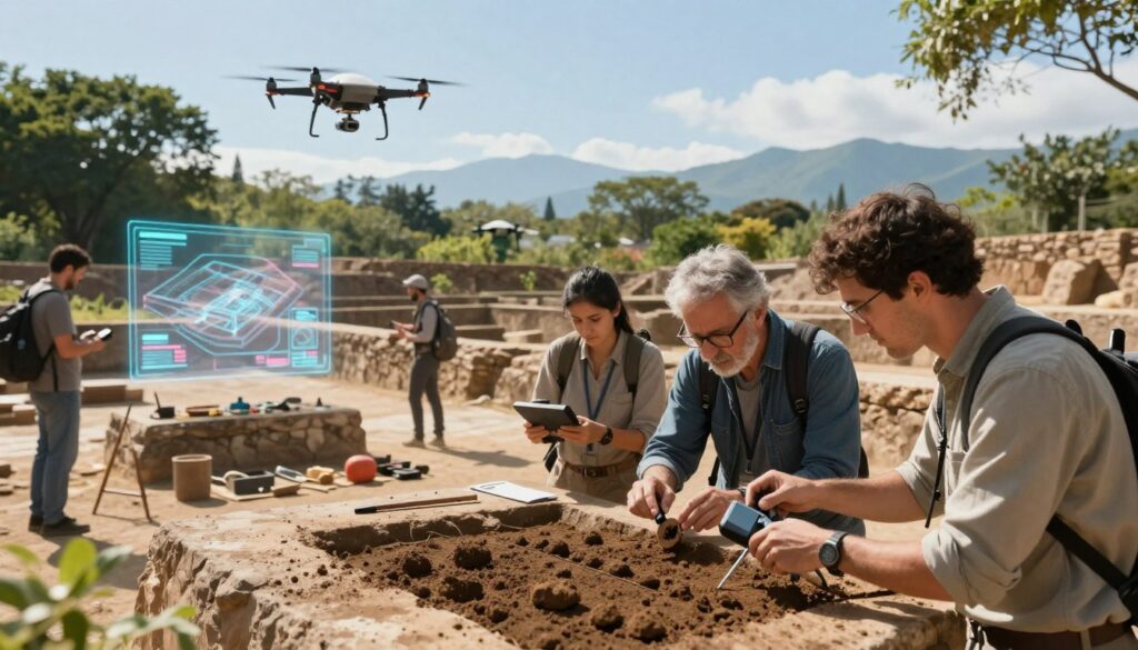 A futuristic archaeological site showcasing advanced technology. In the foreground, a group of professional archaeologists in modest casual clothing dissecting soil samples with handheld scanning devices and drones hovering above them, capturing data. In the middle ground, a partially restored ancient ruin, with archaeological tools and holographic displays projecting the site's history. The background features lush greenery and distant mountains under a clear blue sky, with soft sunlight illuminating the scene to create a warm, inviting atmosphere. The perspective is slightly low, emphasizing the archaeologists' interaction with their tools and the ancient site, while conveying a sense of discovery and innovation in archaeology.
