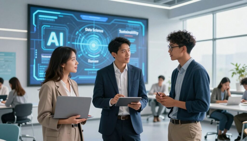 A futuristic educational setting showcasing advanced postgraduate study fields in response to market demands. In the foreground, a diverse group of three professionals, including a woman in smart casual attire with a laptop, a man in a tailored suit holding a digital tablet, and a non-binary individual with glasses in business-casual wear, actively discussing. The middle ground features a large digital screen displaying innovative career-oriented keywords like "AI", "Data Science", and "Sustainability". The background consists of a sleek, modern classroom with large windows letting in natural light, highlighting a vibrant atmosphere of collaboration and learning. The mood is optimistic and forward-thinking, evoking a sense of opportunity in the evolving job market. A futuristic educational setting showcasing advanced postgraduate study fields in response to market demands. In the foreground, a diverse group of three professionals, including a woman in smart casual attire with a laptop, a man in a tailored suit holding a digital tablet, and a non-binary individual with glasses in business-casual wear, actively discussing. The middle ground features a large digital screen displaying innovative career-oriented keywords like "AI", "Data Science", and "Sustainability". The background consists of a sleek, modern classroom with large windows letting in natural light, highlighting a vibrant atmosphere of collaboration and learning. The mood is optimistic and forward-thinking, evoking a sense of opportunity in the evolving job market.