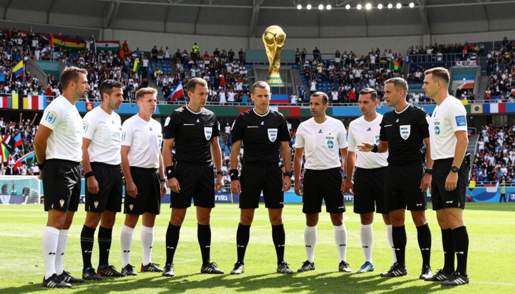 A group of professional football referees, dressed in smart black and white officials' uniforms, stand in a dynamic huddle discussing strategies on a vibrant, sunlit football pitch. In the foreground, the referees' serious expressions and gesturing hands emphasize the intense planning that goes into officiating a World Cup match. The middle ground features a panoramic view of a packed stadium, with cheering fans waving flags and banners in various national colors. The background showcases the iconic World Cup trophy glinting under the stadium lights, symbolizing the significance of their role. The image is brightly lit, with dramatic shadows creating a sense of urgency and focus, perfect for illustrating the importance of referee selection and remuneration in FIFA. A group of professional football referees, dressed in smart black and white officials' uniforms, stand in a dynamic huddle discussing strategies on a vibrant, sunlit football pitch. In the foreground, the referees' serious expressions and gesturing hands emphasize the intense planning that goes into officiating a World Cup match. The middle ground features a panoramic view of a packed stadium, with cheering fans waving flags and banners in various national colors. The background showcases the iconic World Cup trophy glinting under the stadium lights, symbolizing the significance of their role. The image is brightly lit, with dramatic shadows creating a sense of urgency and focus, perfect for illustrating the importance of referee selection and remuneration in FIFA.