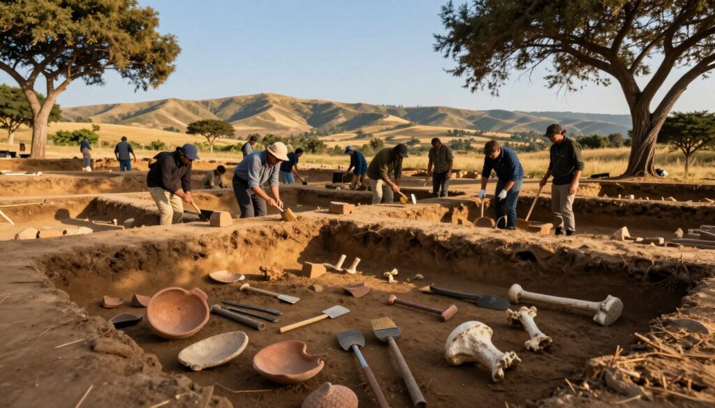 A meticulous archaeological site in the foreground featuring partially unearthed ancient artifacts such as pottery shards, tools, and bones, set against a rich, textured soil background. In the middle ground, a team of archaeologists, dressed in professional outdoor attire, carefully excavates the area with brushes and trowels, illuminated by warm, golden sunlight filtering through trees. The background showcases an expansive landscape of rolling hills and a clear blue sky, adding depth and context. The mood is one of discovery and reflection, emphasizing the importance of archaeological sources in transforming our understanding of history. The focus is sharp, captured with a wide-angle lens to encompass the bustling activity and serene backdrop of nature.