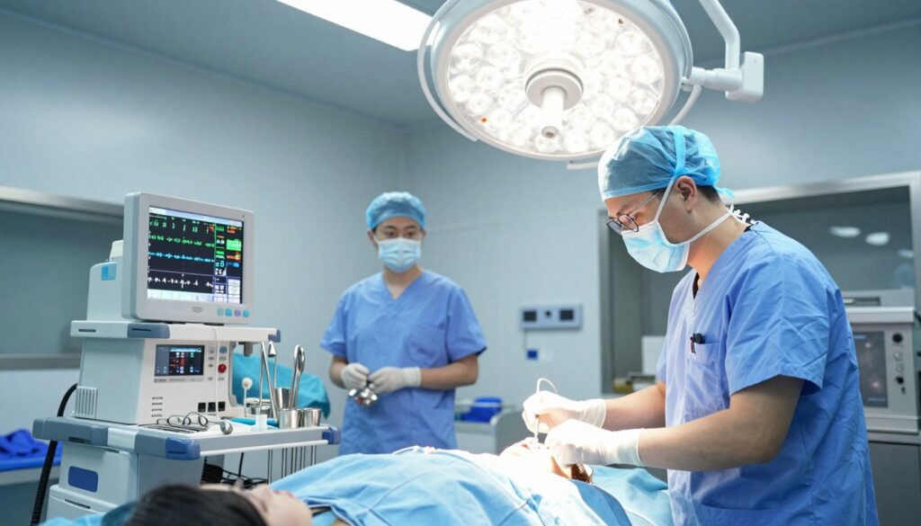 A modern anesthesiology work environment, featuring a professional anesthesiologist in scrubs and a surgical mask, skillfully monitoring a patient on an operating table in a well-lit surgery room. The foreground captures the focused doctor with a sophisticated anesthesia machine displaying vital signs. In the middle, there are various surgical instruments neatly arranged, while a bright surgical light illuminates the scene. The background shows hospital staff in the process of preparing for the procedure, creating a sense of teamwork and urgency. The atmosphere is one of professionalism and concentration, emphasizing the high-stakes nature of anesthesiology work, with soft shadows and clear lighting to enhance details, showcasing an environment filled with advanced medical technology.