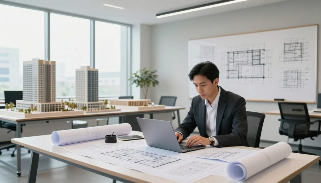 A modern architect's office with a sleek, minimalist aesthetic, featuring a large desk covered with blueprints and architectural plans. In the foreground, a professional architect, dressed in smart business attire, is intently reviewing a project on a laptop, surrounded by various design tools. The middle ground showcases intricate scale models of buildings and a large drawing board with detailed sketches. The background includes floor-to-ceiling windows that let in natural light, illuminating the workspace. The mood is one of innovation and creativity, emphasizing a professional environment. Soft, diffused lighting enhances the clarity of the architectural details, while a slight perspective angle gives depth to the scene, making the viewer feel part of this bustling design space.