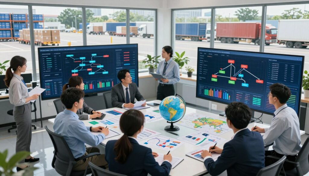 A modern logistics planning office bustling with activity. In the foreground, a diverse team of professional individuals in business attire analyzing data on large digital screens, focused on complex supply chain management graphs. In the middle ground, a sleek conference table surrounded by charts, logistics maps, and a globe, symbolizing global trade. In the background, large windows revealing a busy warehouse and trucks loading goods outside under bright daylight. The lighting is bright and airy, conveying a sense of productivity and collaboration. The atmosphere is focused and dynamic, reflecting the fast-paced environment of logistics planning and management.