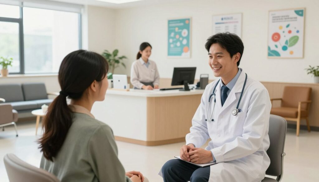 A modern medical office interior, showcasing a private medical practice. In the foreground, a smiling family doctor in professional attire, interacting with a patient, who looks relieved and satisfied. In the middle ground, a neat reception desk with a friendly receptionist handling patient inquiries. The background features a well-organized waiting area furnished with comfortable chairs and health-related posters on the walls. Bright, natural light floods the space through large windows, creating a warm and inviting atmosphere. The camera angle is slightly elevated, providing a comprehensive view of the office, emphasizing the blend of professionalism and a welcoming environment for patients. The overall mood is optimistic and reassuring, underscoring the benefits of private medical practice. A modern medical office interior, showcasing a private medical practice. In the foreground, a smiling family doctor in professional attire, interacting with a patient, who looks relieved and satisfied. In the middle ground, a neat reception desk with a friendly receptionist handling patient inquiries. The background features a well-organized waiting area furnished with comfortable chairs and health-related posters on the walls. Bright, natural light floods the space through large windows, creating a warm and inviting atmosphere. The camera angle is slightly elevated, providing a comprehensive view of the office, emphasizing the blend of professionalism and a welcoming environment for patients. The overall mood is optimistic and reassuring, underscoring the benefits of private medical practice.