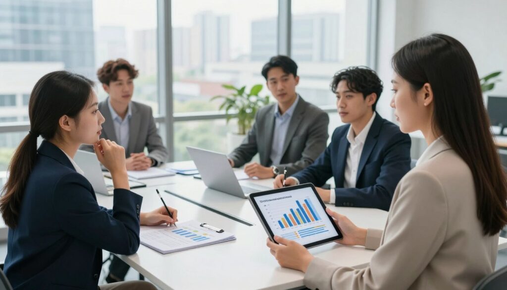 A modern office setting showcasing a diverse group of professionals in discussion, emphasizing the concept of employment forms and salary structures. In the foreground, a confident woman in business attire holds a tablet displaying graphs and charts related to salary comparisons. The middle layer features diverse professionals, including a man in a suit and a woman in smart casual clothing, engaged in thoughtful conversation around a table filled with documents. In the background, large windows reveal a cityscape, with natural light pouring in, creating a bright and optimistic atmosphere. The overall mood is collaborative and professional, reflecting the serious nature of employment rates and forms, shot with a wide-angle lens for depth. A modern office setting showcasing a diverse group of professionals in discussion, emphasizing the concept of employment forms and salary structures. In the foreground, a confident woman in business attire holds a tablet displaying graphs and charts related to salary comparisons. The middle layer features diverse professionals, including a man in a suit and a woman in smart casual clothing, engaged in thoughtful conversation around a table filled with documents. In the background, large windows reveal a cityscape, with natural light pouring in, creating a bright and optimistic atmosphere. The overall mood is collaborative and professional, reflecting the serious nature of employment rates and forms, shot with a wide-angle lens for depth.