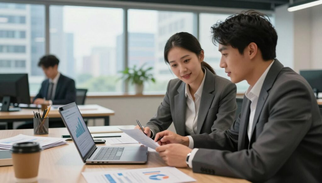 A modern office space depicting the concept of entrepreneurship, focusing on a man and woman in professional business attire engaged in a discussion over a laptop and documents. In the foreground, the pair appear focused and collaborative, with the laptop displaying graphs and delivery metrics. The middle layer showcases an organized desk cluttered with papers, business plans, and a coffee cup, suggesting a busy work environment. In the background, large windows let in natural light, illuminating the contemporary cityscape outside, symbolizing opportunity and growth. The mood is optimistic and dynamic, reflecting the hustle of the business world. Use soft, warm lighting to create an inviting atmosphere, with a slight depth of field to emphasize the main subjects.