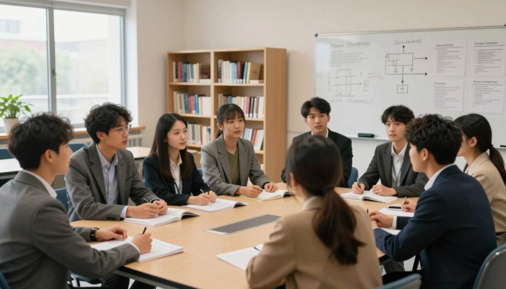 A modern university classroom setting dedicated to psychology studies. In the foreground, a diverse group of male and female students, dressed in professional business attire, engage in a lively discussion around a large table, with textbooks and notes scattered around. The middle ground features shelves filled with psychology books and research papers, alongside a whiteboard covered in diagrams and notes related to therapy techniques. In the background, large windows allow natural light to flood the room, creating a warm and inviting atmosphere. The overall mood is focused and collaborative, reflecting the pursuit of knowledge in the field of psychotherapy. The perspective should be from an angle that captures both the students and the classroom environment, with soft, diffused lighting for a gentle ambiance.