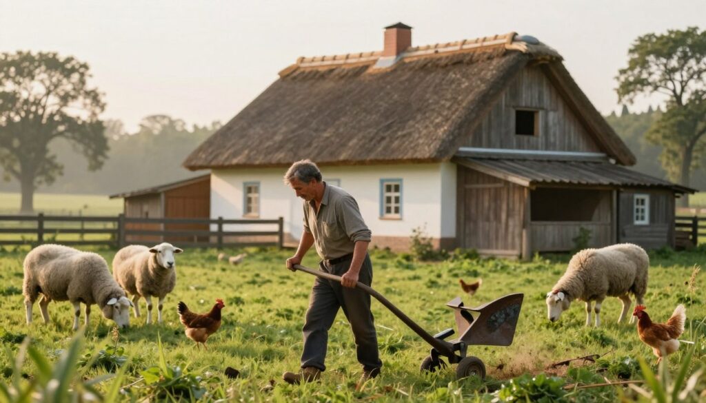 A picturesque rural farm setting, featuring a traditional farmhouse with a thatched roof and wooden barn in the background, surrounded by lush green fields. In the foreground, a middle-aged farmer in modest, casual clothing is working with a plow, symbolizing hard work and dedication. Nearby, a few farm animals such as sheep and chickens can be seen grazing peacefully. The early morning light bathes the scene in a warm glow, creating a serene atmosphere that evokes a sense of tranquility and industriousness. The lens captures a slight depth of field, focusing on the farmer while softening the background. This idyllic image reflects the essence of agricultural labor and its connection to family heritage and social security.