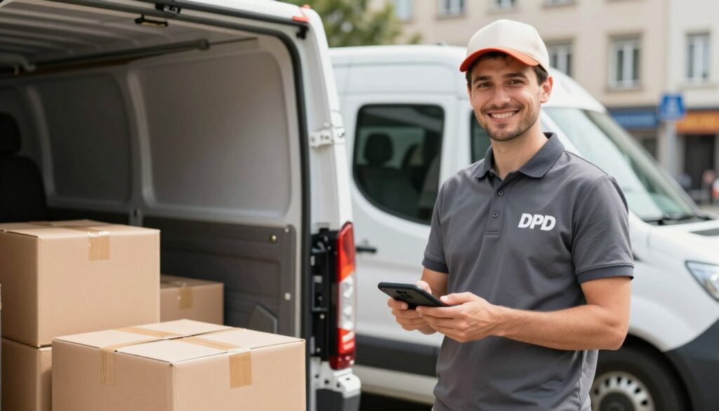 A professional DPD courier in Poland, wearing a branded uniform with the DPD logo, stands next to a delivery van loaded with packages. In the foreground, the courier smiles confidently while holding a handheld device to scan packages. The middle ground features the delivery van, parked in an urban environment, with recognizable city landmarks subtly included in the background, such as buildings or a street sign. The lighting is bright and natural, suggesting a busy day of deliveries. The scene conveys a sense of professionalism and efficiency, reflecting the modern logistics industry. The angle is slightly low, emphasizing the courier's stature and the importance of their role in the delivery process.