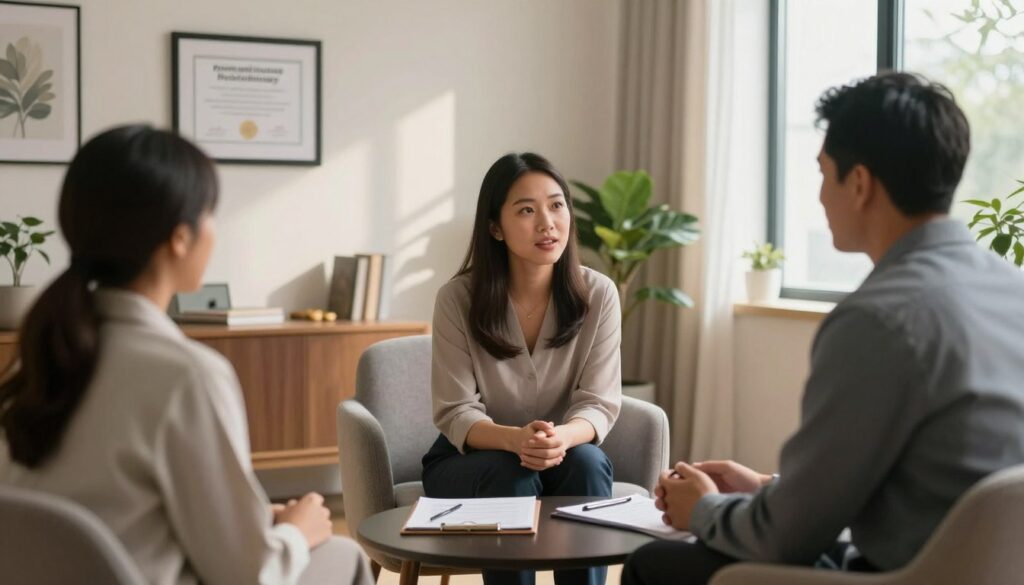 A professional and serene therapy office setting, featuring a well-organized desk with a certificate framed on the wall, symbolizing the certification in psychotherapy. In the foreground, a diverse group of two therapists (a woman of Asian descent and a man of Hispanic descent), dressed in professional business attire, engage in a discussion. The middle includes a comfortable armchair and a potted plant, enhancing the welcoming atmosphere. In the background, calming artwork and soft lighting emit a warm, focused ambiance. A large window lets in natural light, casting gentle shadows and creating a sense of serenity. Capture this moment to convey the importance of formal qualifications and certification in the field of psychotherapy and addiction therapy.