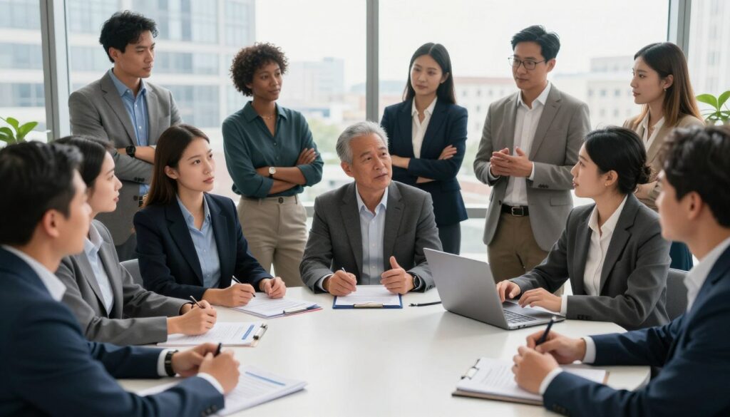 A professional and vibrant political meeting setting showcasing a diverse group of individuals in business attire actively engaging in discussions about a candidate's committee formation. In the foreground, focus on a circular table with papers, pens, and a laptop, symbolizing the planning process. The middle layer features a diverse team of men and women of different ethnicities, animatedly debating strategy and sharing ideas, with expressions of determination and collaboration. In the background, a large window reveals a cityscape, letting in soft natural light, creating a warm and inviting atmosphere. The overall mood captures a sense of professionalism, hope, and teamwork, emphasizing the essential steps of political candidacy.